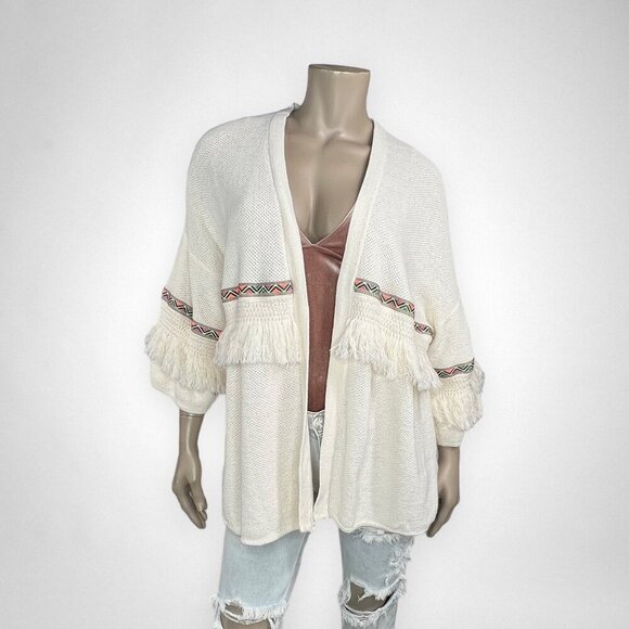 H&M‎ COACHELLA Large Cream Cardigan Sweater Oversized Boho Fringe Knit Casual - Picture 1 of 7